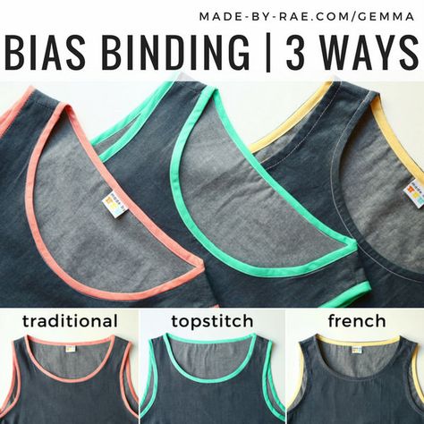 This is the third and final tutorial in my bias binding series. Many of my women’s sewing patterns, including the Gemma tank shown in this post, use bias binding to finish the neckline and armholes. There are so many ways to attach bias binding! Here are the methods I have shared so far: Traditional Method – my preferred technique and found in the sewing instructionsRead more... Binding Tutorial, Sew Ins, Diy Vetement, Beginner Sewing Projects Easy, Bias Binding, Leftover Fabric, Sewing Blogs, Bias Tape, Sewing Projects For Beginners