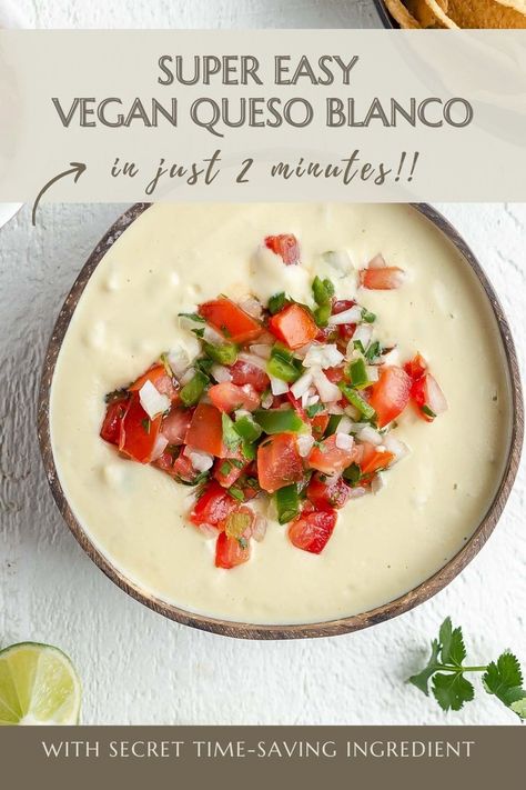 This ridiculously easy vegan queso blanco is the quickest, most delicious, creamiest cheese dip ever! Just a few ingredients (most from your pantry), a blender, and two minutes! The time-saving secret is the canned potatoes, which means no peeling, chopping, or boiling! This dairy-free version tastes so much like real queso that you might even fool your cheese-loving friends and family. Top with fresh pico de gallo and serve with tortilla chips for game day, parties, or the perfect snack! Dairy Free Queso Dip, Dairy Free Nacho Cheese, Queso Recipes, Dairy Free Queso, Nachos Cheese Dip, Canned Potatoes, Vegan Enchiladas, Vegan Queso, Queso Dip Recipes