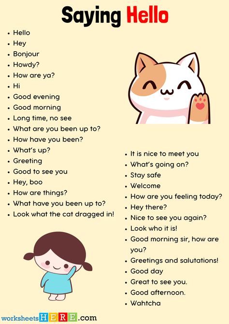 Different Ways To Saying Hello in English, Speaking PDF Worksheets - WorksheetsHere.com Ways To Say Hello In English, Etiquette Classes, Ways To Say Hello, Saying Hello, Hey Boo, English Activities, Good To See You, English Speaking, See You Again