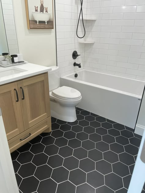 Black Hexagon Tile Bathroom Floor, Hexagon Tile Bathroom Floor, Black Bathroom Floor, Hexagon Tile Bathroom, Guest Bathroom Remodel, Full Bathroom Remodel, Small Bathroom Renovations, Bathroom Decorating Ideas, Luxury Bathrooms