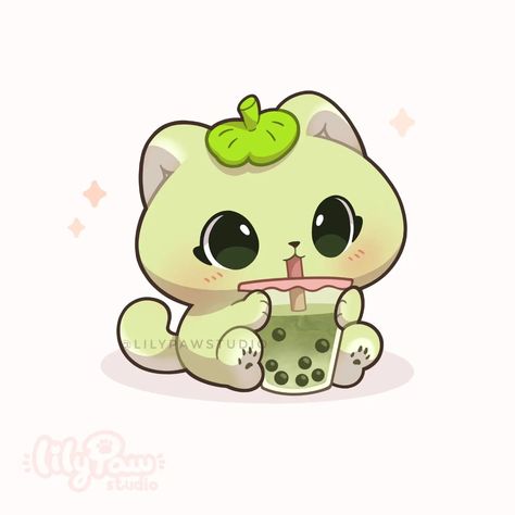 Cute Boba Drawings, Boba Chibi, Cute Boba Drawing, Cute Anime Animals, Kawaii Food Art Drawing, Boba Tea Drawing, Boba Drawing, Cute Boba Tea, Matcha Drawing