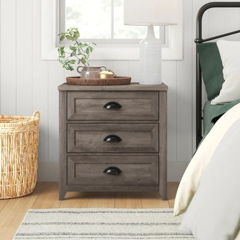 Sand & Stable Selene 3 - Drawer Nightstand & Reviews | Wayfair Farmhouse Nightstand, Coastal Farmhouse Style, Nightstand Wood, Transitional Farmhouse, Three Drawer Nightstand, 3 Drawer Nightstand, White Nightstand, Wayfair Furniture, Night Stands