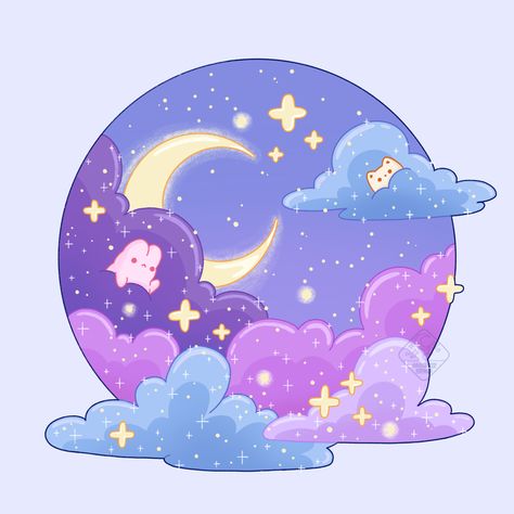 Moon Art Tutorial, Kawaii Pngs Transparent, Cloud Cute Drawing, Space Drawing Wallpaper, Galaxy Widgets, Cute Gouache Painting, Dreamy Stickers, Dreamy Doodles, Moon And Stars Aesthetic