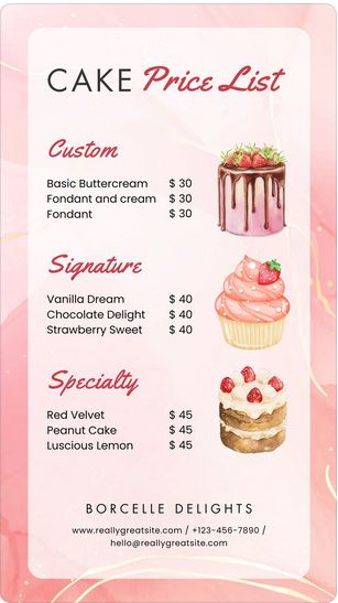 Pink Marble Bakery Price List Canva Template Cake Price List Design Templates Free, Cake Price List Design, Cake Menu Design Ideas, Cake Price List, Cake Business Plan, Cake Pricing Chart, Bakery Price List, Cake Pricing Guide, Baking Stickers