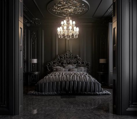 Fancy Bedroom Luxury Dark, Dark Elegant Bedroom, Fancy Bedroom, Luxury Mansions Interior, Gothic Bedroom, Modern Minimalist Bedroom, Black Bedroom, Dark Interiors, Elegant Bedroom