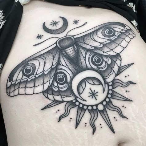 Moth Chest Tattoos For Women, Moth Belly Tattoo, Moth Cover Up Tattoo, Sternum Stomach Tattoo, Moth Stomach Tattoo, Black And Gray Tattoos, Arabic Tattoos, Pentagram Tattoo, Sternum Tattoos