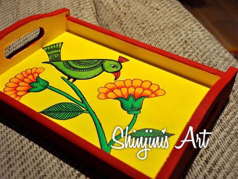 Paint flowers motif on my wooden tray Hand Painted Trays Ideas, Indian Coasters, Madhubani Parrot, Wooden Tray Painting Ideas, Tray Painting Ideas, Hand Painted Trays, Wooden Home Accessories, Tray Painting, Diy Crafts Desk