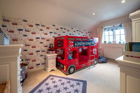 Childs bedroom with London bus cabin bed Kids Room With Car Bed, Transport Bedroom, Planes And Trains Bedroom, Kids Firetruck Bed, London Nursery, London Bus Bed, Cabin Beds For Kids, Best Bedroom, Cabin Bed