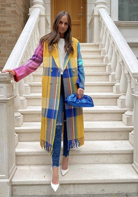 Colorful Coat Outfit, Stephanie Gottlieb, Mira Mikati, Nyc Jewelry, Fancy Gowns, Check Coat, Card Purse, Coin Card, Gilet Long