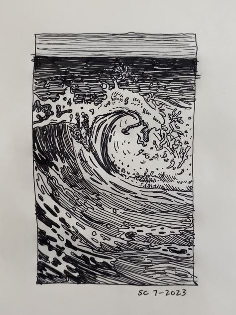 Wave Ink Drawing, Ocean Wave Sketch, Symmetrical Drawing Ideas, Deep Ocean Drawing, Water Pen Drawing, Gel Pen Sketches, Sea Sketch Ocean, Water Ink Drawing, Coast Drawing