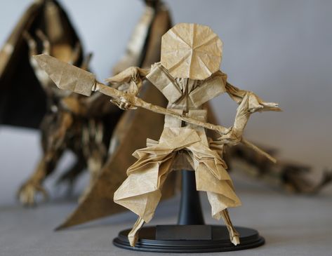 An Origami Spear-Samurai and his Dragon friend. Both made from one paper each. Origami Samurai, Dragon Friend, Box Crafts, Cardboard Box Crafts, How To Make Origami, Samurai Warrior, World Pictures, Origami Easy, Cardboard Box