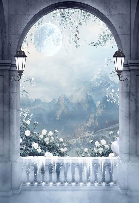 Mountain And Moon, Dr Mundo, Fantasy Angel, Winter Backdrops, Seamless Backdrop, Winter Mountain, Arched Doors, Crochet Work, Fantasy Places