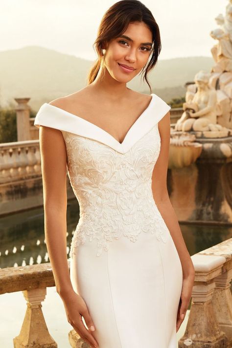 Sincerity Bridal - Style 44234: Mikado Mermaid Gown with Cuffed Portrait Neckline Business Casuals, Types Of Necklines, Portrait Neckline, Sincerity Bridal, Retro Bridal, Mother Of The Bride Gown, Wedding Gowns Mermaid, Chapel Train, Simply Chic