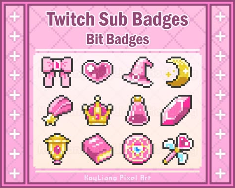 Pixel Art Ideas Cute Pixel Art, Badges Design, Twitch Bits, Twitch Badges, Twitch Sub Badges, Pink Items, Kawaii Background, Pixel Art Templates, 8bit Art