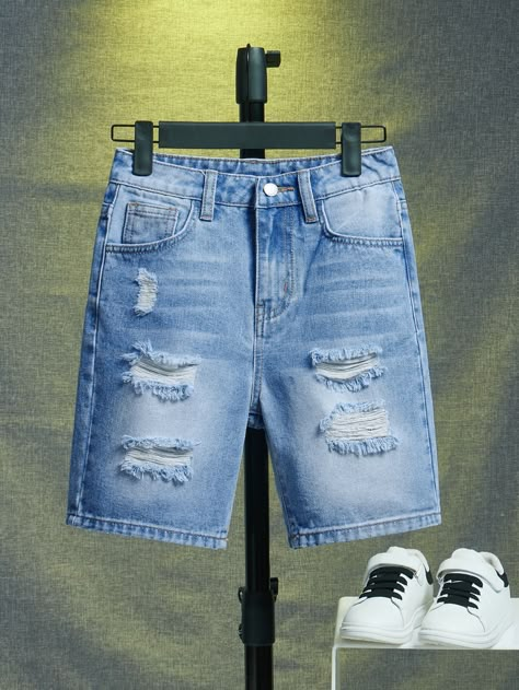 Light Wash  Collar  Denim Plain Bermuda Embellished Non-Stretch  Tween Boys Clothing Short Dins, Parachute Jeans, Boys Denim Shorts, Teen Boy Outfits, Baggy Denim, Bermuda Jeans, Boys Denim, Short Models, Frayed Denim