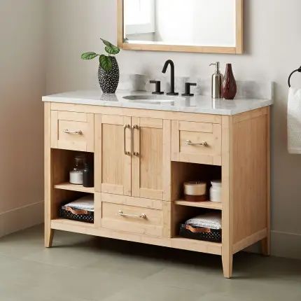 Trending Vanity Styles | Signature Hardware Bamboo Vanity, Bamboo Cabinet, Bamboo Cabinets, Polished Nickel Faucet, Shelf Vanity, Cabinet Vanity, Vessel Sink Vanity, Semi Recessed Sink, Bamboo Bathroom