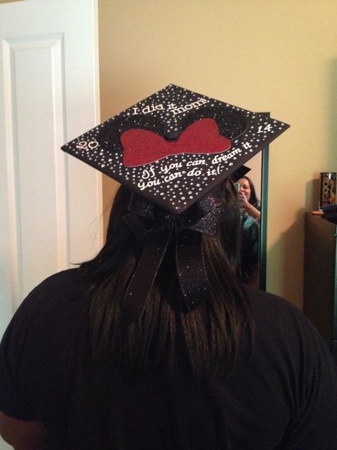 Graduation cap Minnie Mouse Grad Hat, Graduation Hat, Graduation Cap Designs, Cap Decorations, Cap Designs, Grad Cap, Graduation Cap, School Spirit, Grad Parties