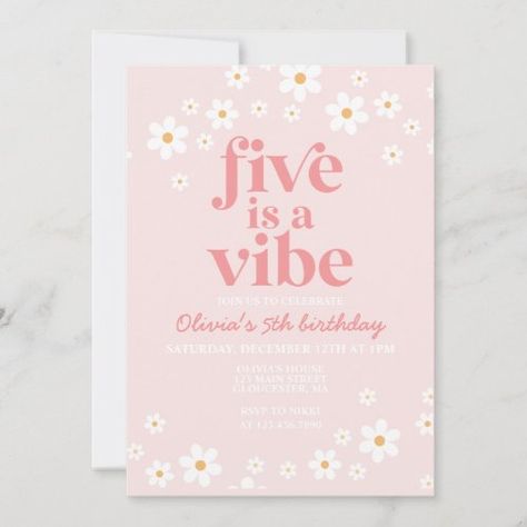 $2.98 | Retro Five is a Vibe daisy 5th Birthday Invitation #retro, daisy, 70s, boho, pink, girl, flowers, floral, five is a vibe, hippie Daisy Baby Shower Theme, Daisy Baby Shower Invitations, Retro Baby Showers, Daisy Baby Shower, Baby Shower Boho, Twins Baby Shower Invitations, Baby Shower Wording, Baby In Bloom, Boho Baby Shower Invitations