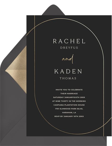 Shifted Arches Invitations in Black | Greenvelope.com Modern Gala Invitation, Elegant Dinner Invitation, Arch Invitation Design, Beauty Certificate Design, Lunch Invitation, Engagement Invitation Cards, Minimalist Text, Text Layout, Arch Design