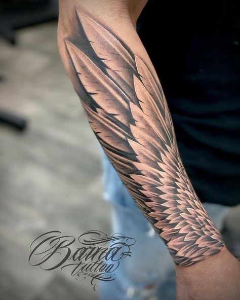 Cover Up Tattoos Hand, Wing Tattoos For Men, Tattoo Trends 2023, Angel Wings Tattoo Forearm, Tattoo Men Forearm, Forearm Wing Tattoo, Wing Tattoo Arm, Arm Shield, Forearm Cover Up Tattoos