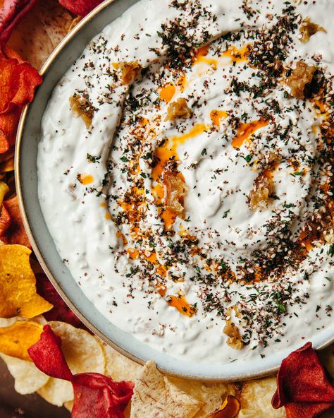 Vegan Caramelized Onion Dip with Fresh Za’atar Cashew Sour Cream, Vegan Appetizers Recipes, Caramelized Onion Dip, Laura Wright, Cooking Onions, Vegan Holiday Recipes, Vegan Dip, Za Atar, Favorite Dips