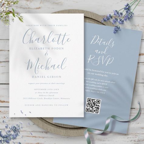 Dusty Blue Elegant Script QR Code Wedding Invitation | Zazzle Dusty Blue Winter Wedding Flowers, Invitations Wedding Blue, Dusty Blue And White Wedding Invitations, Modern Blue Wedding Invitations, Blue Winter Wedding Invitations, Wedding Invites Blue, Dusty Blue Invitations Wedding, Dusty Blue And Black Wedding, Powder Blue Wedding Theme