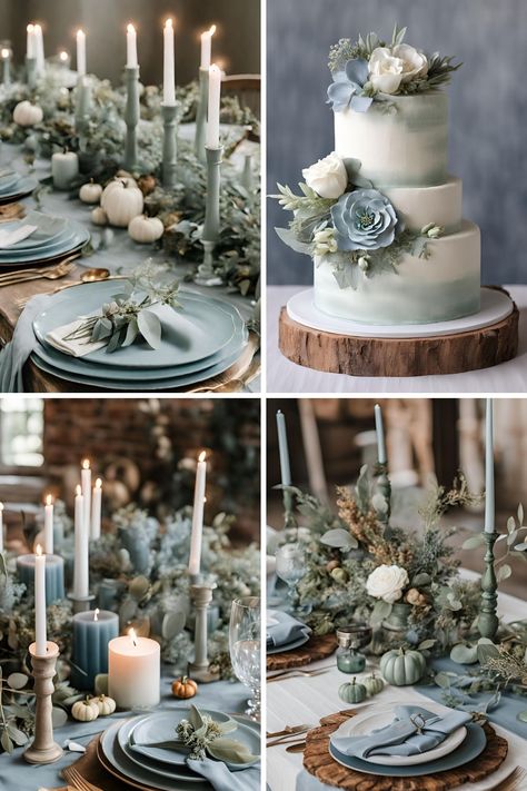 Sage Green and Dusty Blue Wedding Color Ideas: Beautiful Fall Inspired Wedding Ideas - Francisca's Bridal Blue And Sage Wedding Color Schemes, Dusty Blue Rustic Wedding Decor, Summer Rustic Wedding Ideas Color Schemes, Brown And Blue Wedding Colors, Winter Wedding Color Palette Blue, Dusty Blue And Brown Wedding, Dusty Blue Fall Wedding Color Palettes, Wedding Color Palette Winter, Sage Green Wedding Color Palette