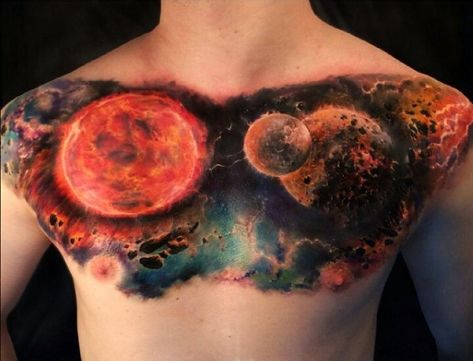 Beautiful Universe Tattoo On Chest. I'd prefer it on the back tho. Galaxy Chest Tattoo, Space Tattoo Sleeve, Beautiful Universe, Tattoo Chest, Universe Tattoo, Galaxy Tattoo, Alien Tattoo, Chest Tattoos For Women, Chest Piece Tattoos