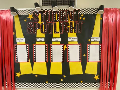 Drama Board Ideas, Performing Arts Bulletin Board Ideas, Student Picture Bulletin Board, In The Spotlight Bulletin Board, Spot Light Bulletin Board, Cinema Bulletin Board, Spotlight Student Bulletin Boards, Awards Bulletin Board Ideas, Star Students Bulletin Board