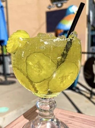 Every End of Summer Party Needs This!! Pickle Margarita Drink Mix "Pickle-Rita"- Makes a blender full. Add tequila, pickle juice Pickle Margarita, Margarita Mix Drinks, Tajin Seasoning, Ice Blender, Chamoy Sauce, Mixed Pickle, Mocktail Drinks, Margarita Drink, Pickle Lover