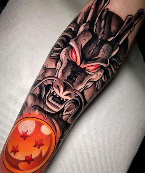 Tattoo Shapes, Shen Long Tattoo, Anime Tattoo Ideas, Tattoos Masculinas, Dbz Tattoo, Ball Tattoo, Tattoo Dragon, Z Tattoo, Anime Cover