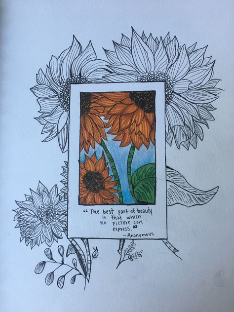 Sunflower Polaroid Drawing, Sunflower Sketch Aesthetic, Sunflower Field Drawing, Sunflower Drawing Aesthetic, Nature Doodle Art, Meaningful Painting Inspiration, Nature Aesthetic Drawing, Sunflowers Drawing, Sunflower Doodle