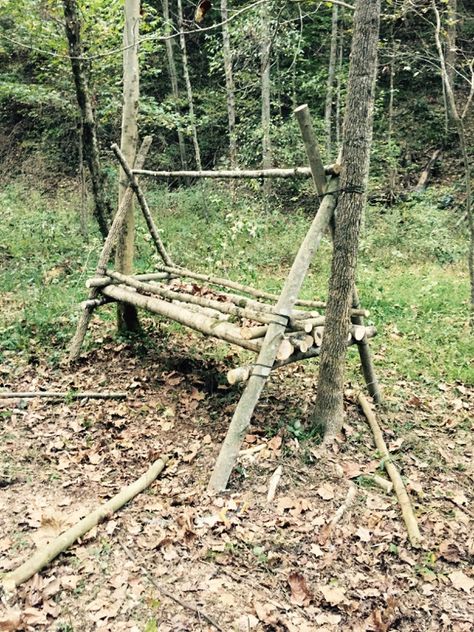 A raised bed platform (jungle hooch) near completion on our survival shelter course. Jungle Survival Shelter, Primitive Shelter, Jungle Survival, Bushcraft Shelter, Waterproof Matches, Bed Platform, Bushcraft Camping, Safe Drinking Water, Survival Shelter