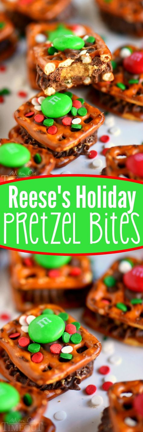 These Reese's Holiday Pretzel Bites need to make it onto your baking list this year! This recipe is so easy, your kids can totally make them for you. Sweet and salty and totally festive - no one will be able to resist these little treats! // Mom On Timeout #Christmas #candy #reeses #nobake #recipes #recipe Holiday Pretzels, Baking List, Homemade Food Gifts, Christmas Food Gifts, Christmas Cooking, Best Dessert Recipes, Cookies Recipes Christmas, Holiday Baking, Sweet And Salty