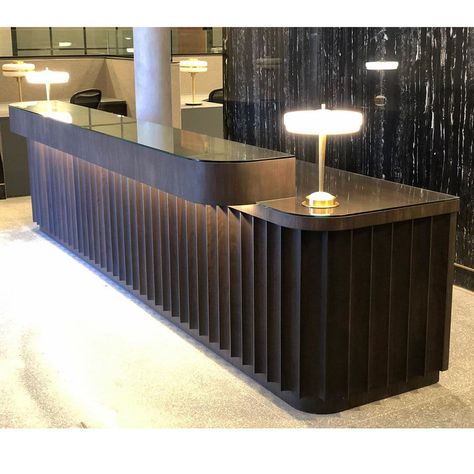 Modern Reception Desk Design Lobbies, Boutique Reception Desk, Peacock Office, Boutique Reception, Walnut Reception Desk, Lobby Desks, Wood Reception Desk, Wood Spa, Custom Reception Desk