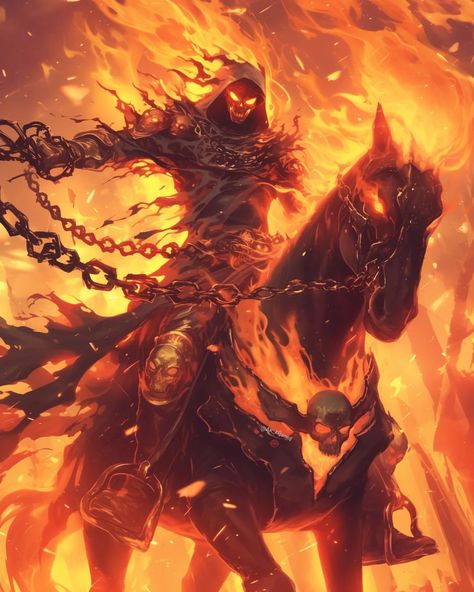 AK AI Art | 🔥 ☠️ 💀 What if Ghost Rider transformed into a Reaper? Imagine him wielding cursed powers, a scythe, and chained to a haunted horse! 🏇💀 How… | Instagram Ghost Rider Horse, Dnd Demon, Ghost Rider Art, Ghost Knight, Demon Horse, Gost Rider, Ghost Raider, Warrior Artwork, Horse Knight