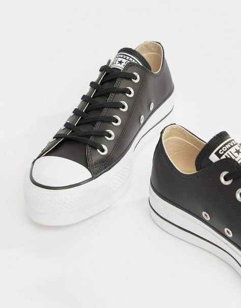 Converse Chuck Taylor All Star leather platform low sneakers in black Converse Leather Shoes, Converse Ideas, Black Leather Converse, Leather Converse, Basic Shoes, Basket Noir, Shoe Ideas, Converse Shop, Platform Converse