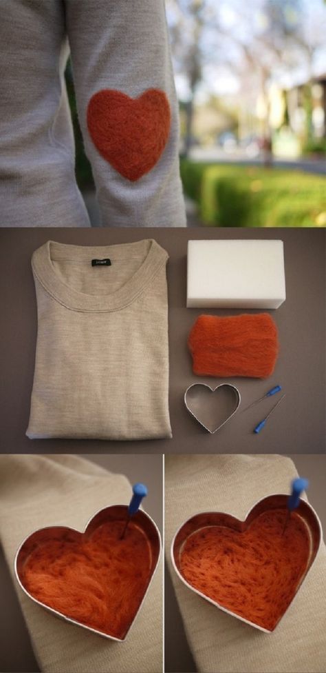 15 easy Chic winter fashion tutorials including needle felted heart elbow patches Tovad Ull, Old Sweater, Elbow Patch, Felt Heart, Fashion Diy, Elbow Patches, Crafty Craft, Wet Felting, Felt Art