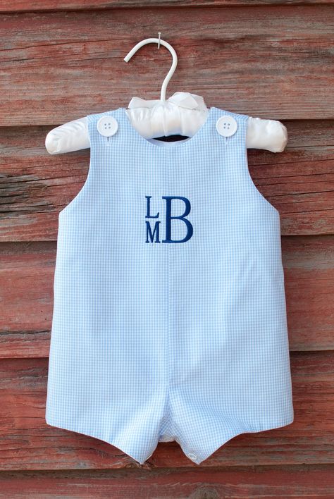 This cute jon-jon, available in a variety of 100% cotton fabrics and fully lined in white, is the perfect blank canvas for an embroidered name or monogram. It can be custom-made for sizes 3 months to 24 months. Great on its own in warm weather, or over a cute top or turtleneck in winter! Choose your fabric and size from the drop-down lists above, and specify monogram or name as well as font or monogram style (from photos above) in the \Add your personalization\ section. Boy Monogram Ideas, Baby Embroidery Ideas Boys, Boys Embroidery Designs, Embroidery Shirt Ideas, Baby Boy Embroidery, Country Boy Names, David Harvey, Baby Boy Monogram, Embroider Ideas