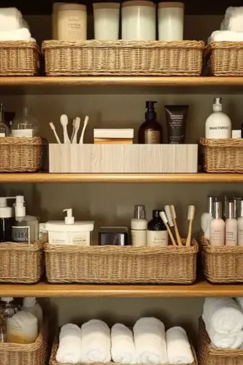 Say goodbye to messy bathroom closets with these 17 smart organization hacks! Whether you need to make more space for your toiletries or grab small items quickly, these easy and stylish solutions are here to help. Get ideas like using magnetic strips for storing small metal tools, clever shelf stacking, and even decorative storage options. With these awesome hacks, you can transform your bathroom closet into an organized haven. Make your daily routines smoother and enjoy the process of fabulous closet tidying! Open Bathroom Shelving Storage Ideas, Open Shelving In The Bathroom, Toiletries Storage Bathroom, Bathroom Tidy Ideas, Bathroom Basket Organization, Bathroom Open Storage Shelves, How To Organize Toiletries, Open Shelf Storage Bathroom, Closet Organization Linen