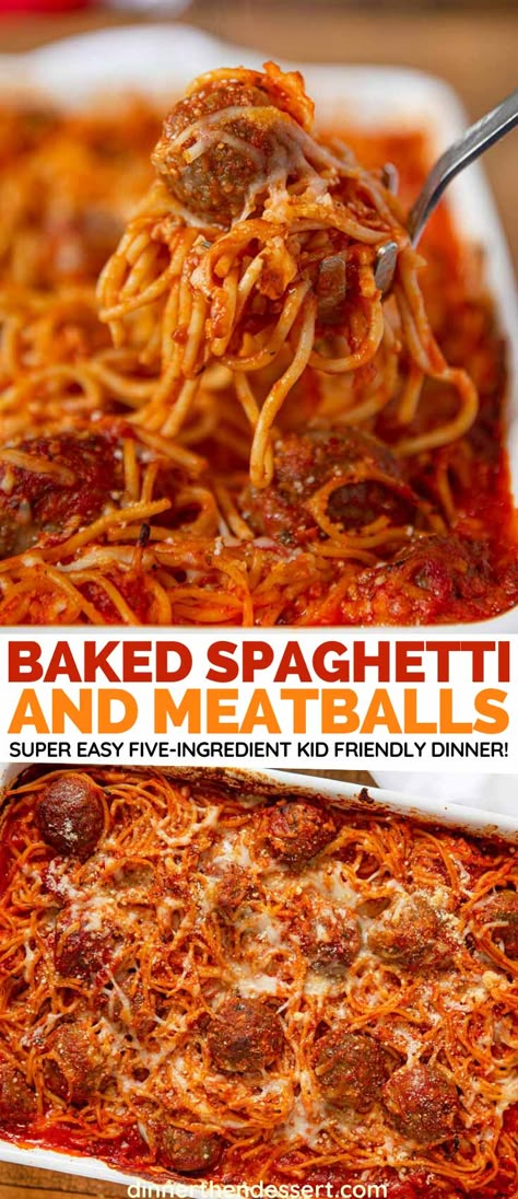 Baked Spaghetti and Meatballs is the perfect easy, kid-friendly weeknight dinner with only 5 ingredients! #spaghetti #meatballs #spaghettiandmeatballs #bakedspaghetti #bakedpasta #easydinner #dinnerrecipes #dinnerthendessert Spagetti And Meatball Recipe, Baked Spagetti, Spaghetti Meatball Recipes, Spaghetti And Meatballs Recipe, Baked Spaghetti And Meatballs, Easy Baked Spaghetti, Recipes Spaghetti, Baked Spaghetti Recipe, Dinner Then Dessert