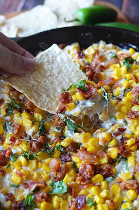 Jalapeno Corn Dip, Corn Dip Recipes, Stuffed Jalapenos With Bacon, Corn Dip, Party Dips, Cheesy Bacon, Party Appetizers, Think Food, Football Food