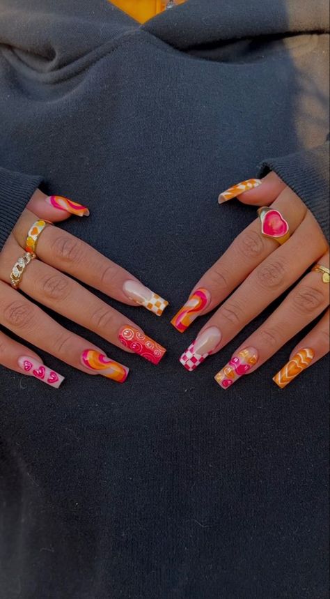 Trippy Pink Nails, Nails With Lots Of Designs, Fun Design Acrylic Nails, Long Acrylic Nails Summer 2024, Funky Long Nails, Birthday Nail Ideas Coffin, Dreamville Festival Nails, Nail Ideas Crazy, Long Bright Nails