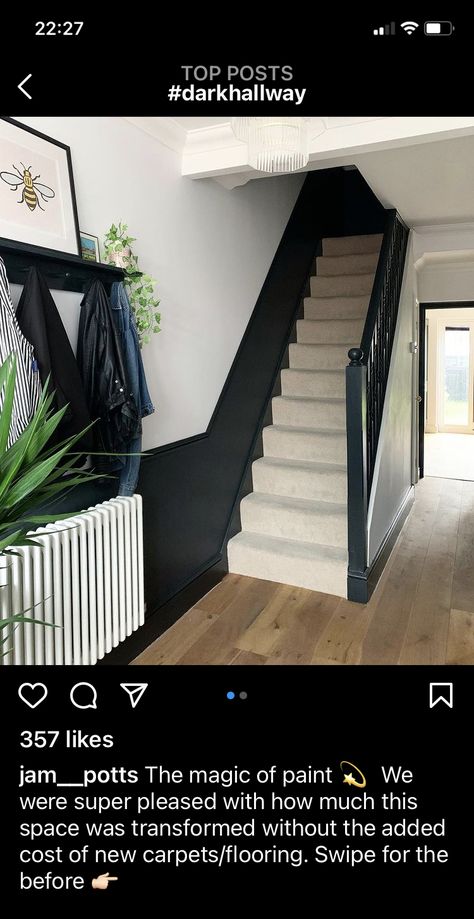 Black And White Hallway Panelling, Half Black Wall Hallway, Black Staircase Panelling, Black Stairs Hallway, Black Stair Panelling, Black Dado Rail Hallway, Black And White Panelling, Black White Hallway, Black Panelling Hallway