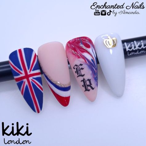 Kiki London nail gel Polish manicure salon tech DIY professional art design trend gellac long lasting nails designs easy diy ideas Jubilee red white blue royal Coronation Nails, London Nails Designs, British Nail Art, Union Jack Makeup, Union Jack Nail Art, Union Jack Nails, Royals Nails, Painted Nail Art, Gel Nail Art