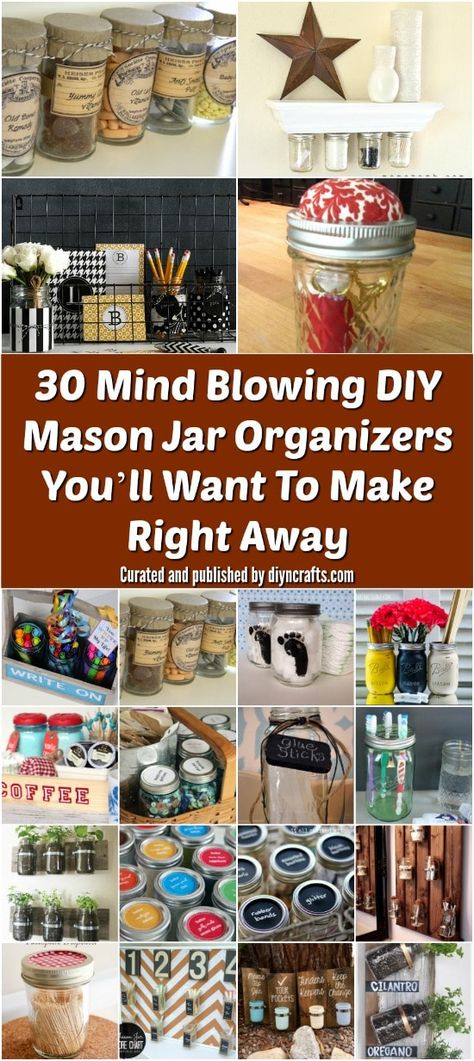 30 Mind Blowing DIY Mason Jar Organizers You’ll Want To Make Right Away - Curated and published by diyncrafts.com team! Enjoy :) Old Mason Jars, Mason Jar Organization, Diy Hanging Shelves, Diy Mason Jar, Mason Jar Projects, Closet Organization Diy, Mason Jar Crafts Diy, Mason Jar Gifts, Diy Holz