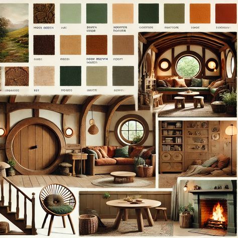 Hobbit Hole Living Room, The Shire Aesthetic Home, Hobbit House Interior Design, Hobbit Inspired Library, Hobbit Aesthetic Home Diy, Cozy Hobbit Aesthetic, Lotr Living Room, Lord Of The Rings Inspired Living Room, Hobbit Living Room Ideas