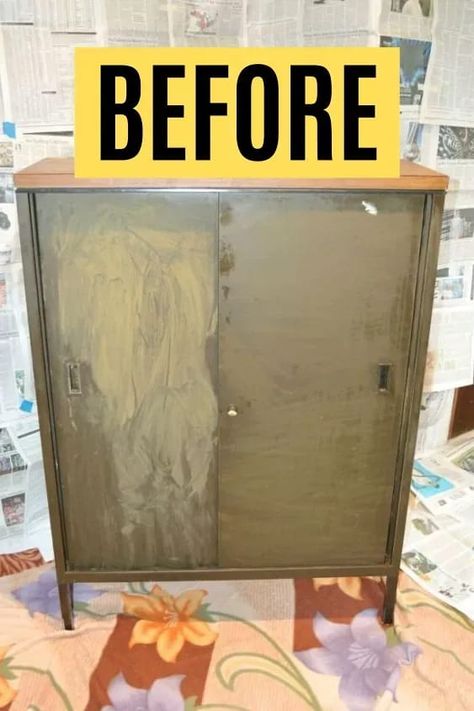 See this before and after storage cabinet upcycle idea for some inspiration how to transform an old storage cabinet. Upcycled furniture is a great way to decorate on a budget. Creative DIY cabinet makeover project. #cabinet #makeover #furniture #upcycle Metal Cabinet Makeover, Storage Cabinet Makeover, Diy Cabinet Makeover, Cabinet Upcycle, Upcycling Ideas Diy, Cabinet Makeover Diy, Decorate On A Budget, Creative Upcycling, Upcycle Dresser