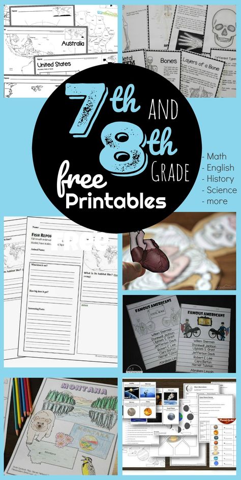 FREE 7th Grade and 8th Grade worksheets for jr high students to practice math, grammar, reading comprehension, geography, history, science, music, and more! #grade7 #grade8 #homeschool High School Worksheets, 8th Grade Worksheets, Free Science Printables, 8th Grade Math Worksheets, 8th Grade History, 7th Grade Social Studies, Science Printables, Language Arts Worksheets, Homeschool Middle School