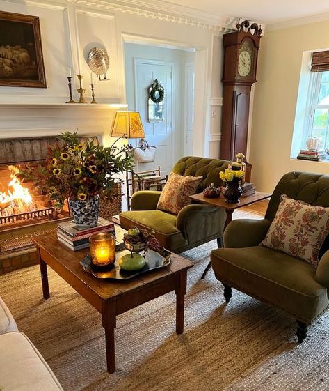 House Styling Interior, Colonial Home Decor, Velvet Chairs, Cottage Core Decor, Victorian Style Homes, Fireside Chairs, Hot Cider, Velvet Chair, Living Room Remodel